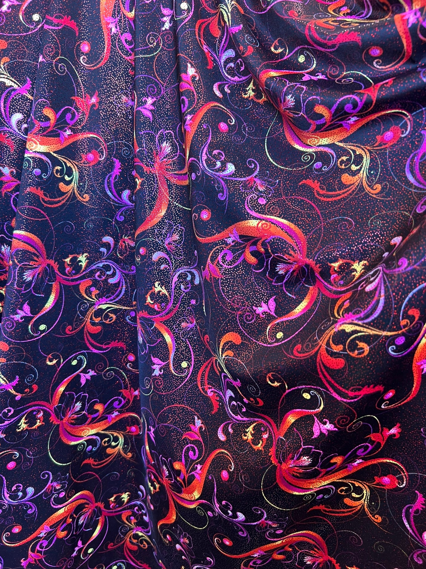 New abstract swirl design black multicolor best quality of nylon spandex with foil 4-way stretch 58/60” Sold bu the YD. Ships worldwide