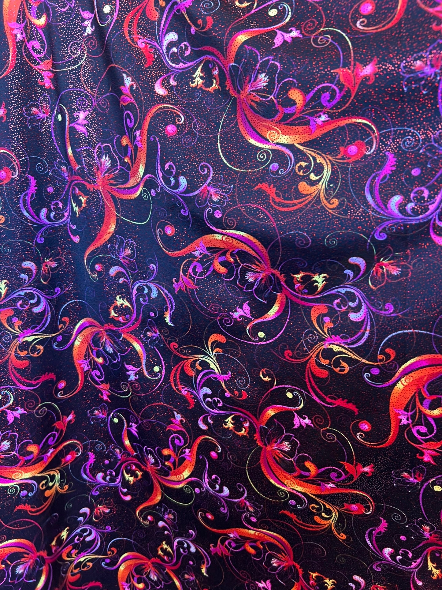 New abstract swirl design black multicolor best quality of nylon spandex with foil 4-way stretch 58/60” Sold bu the YD. Ships worldwide