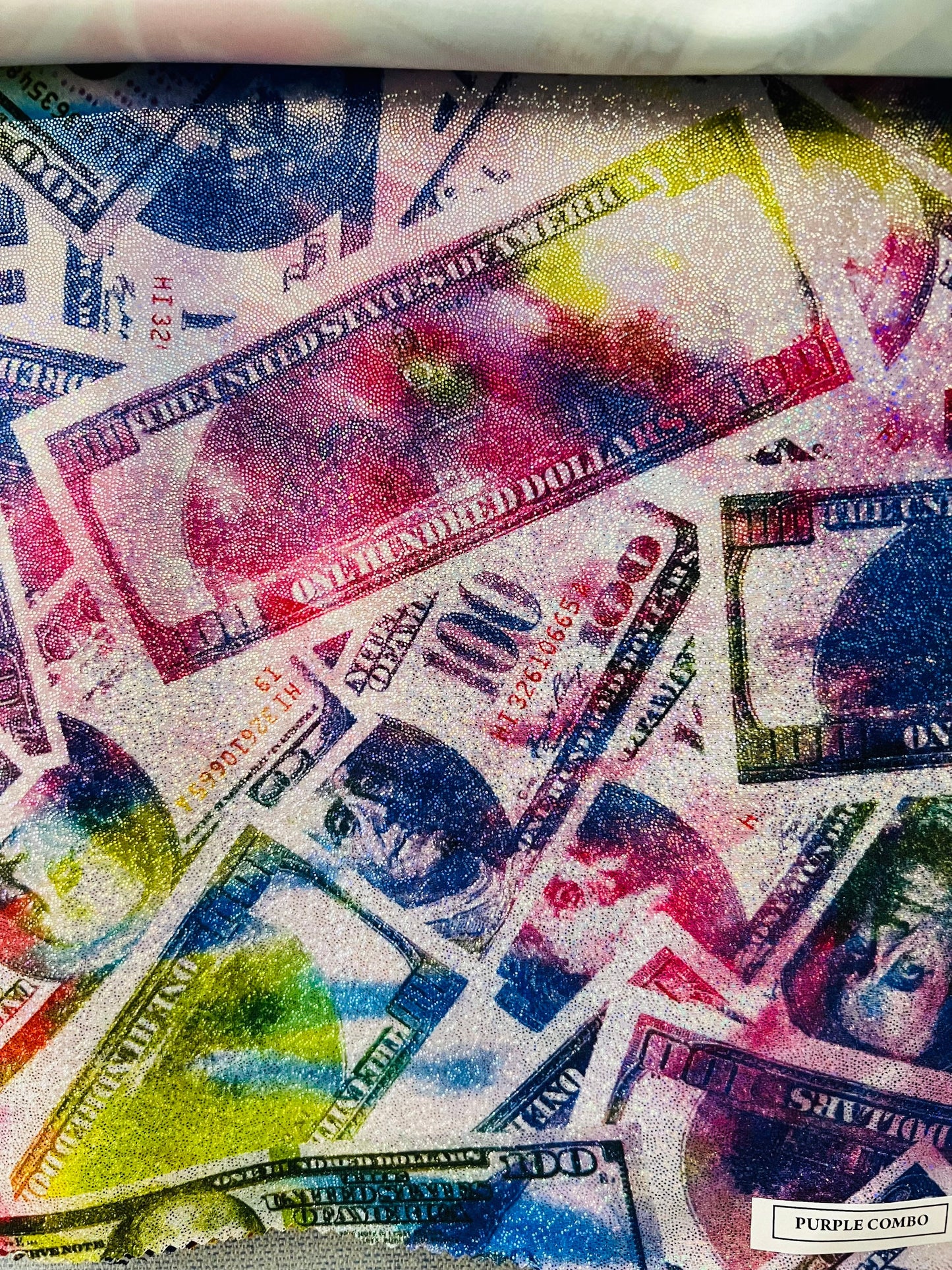 New Money 100 Dollar Bill design hologram tie dye metallic Nylon spandex digital print 4-way stretch 58/60” Sold by the YD. Ships worldwide