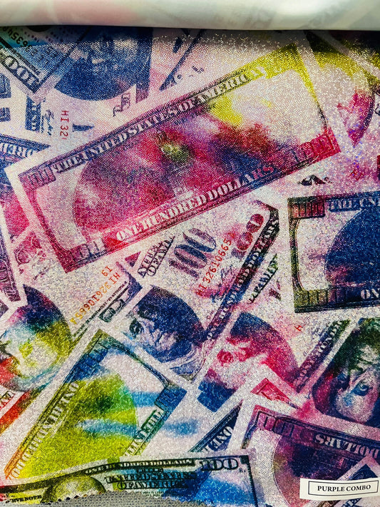 New Money 100 Dollar Bill design hologram tie dye metallic Nylon spandex digital print 4-way stretch 58/60” Sold by the YD. Ships worldwide