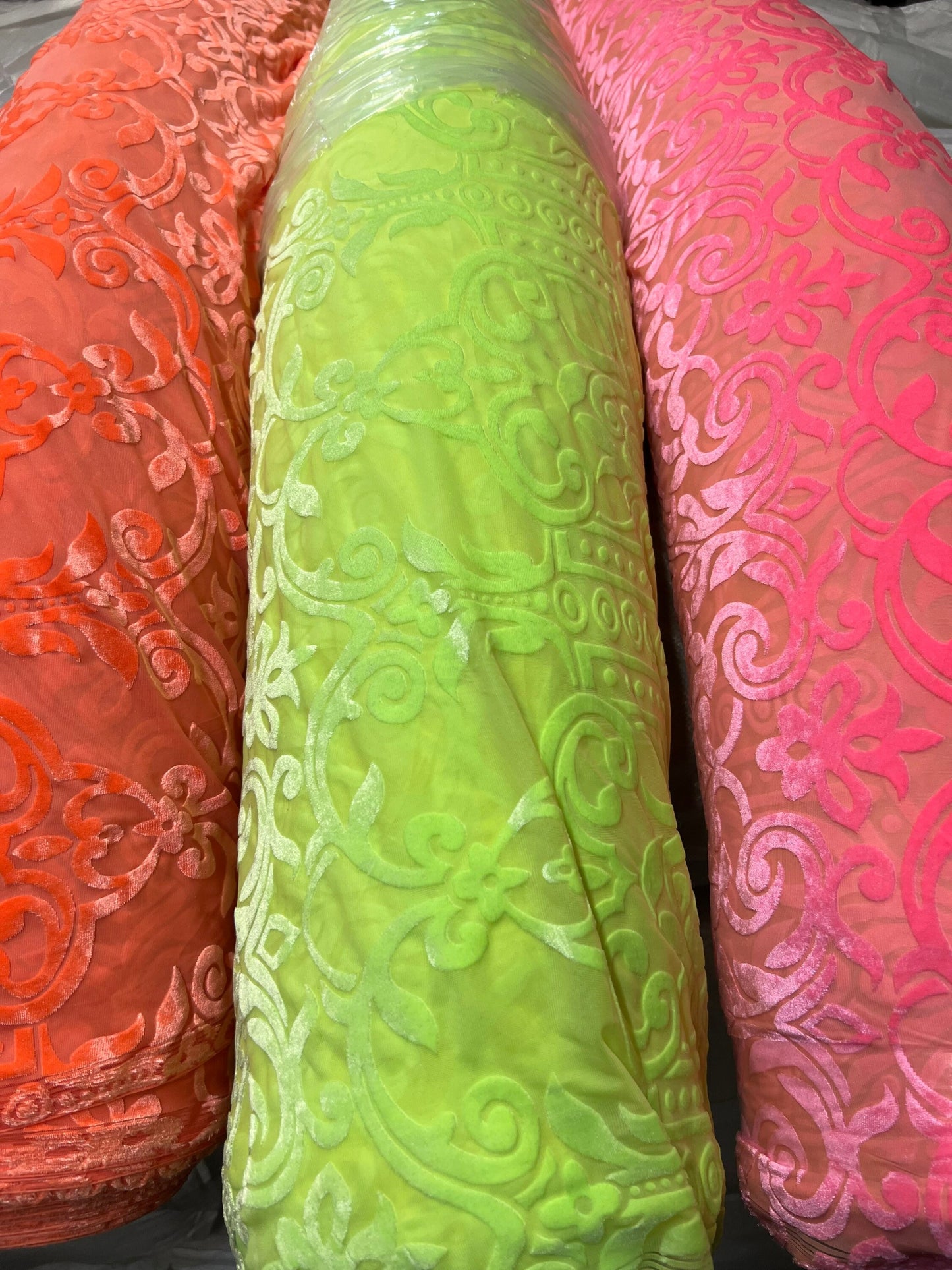 New Victoria Luxury design neon colors burnout stretch velvet 4-way stretch 58/60” Sold by the  YD. Ships worldwide from Los Angeles CA