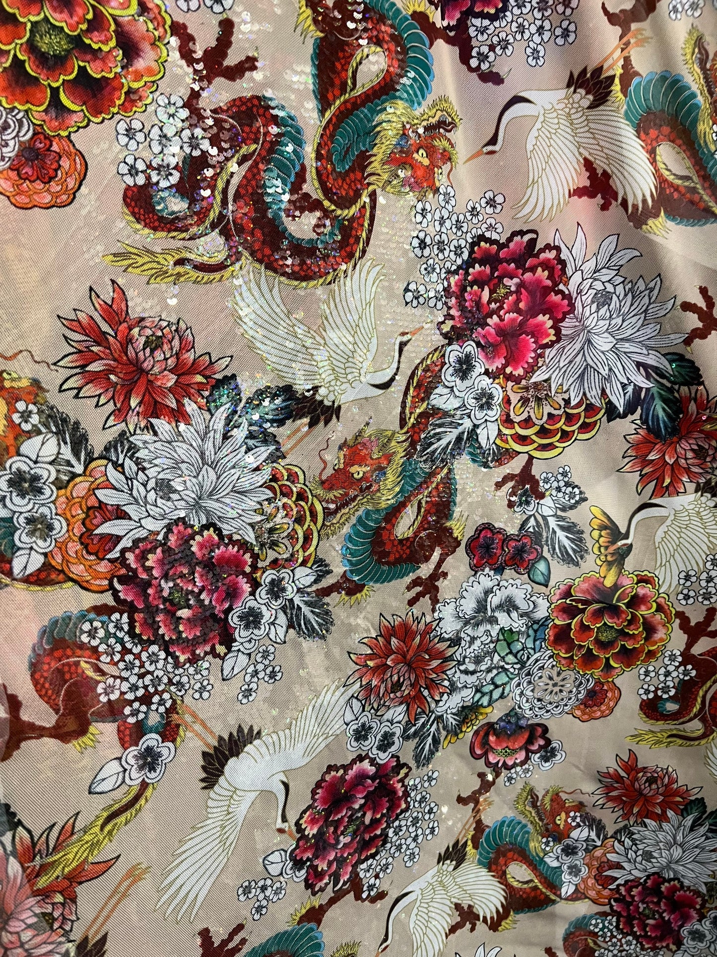New Exotic Dragon design Nude/Multicolor print on power mesh 4-way stretch 58/60” Sold by the YD. Ships Worldwide from Los Angeles Californ