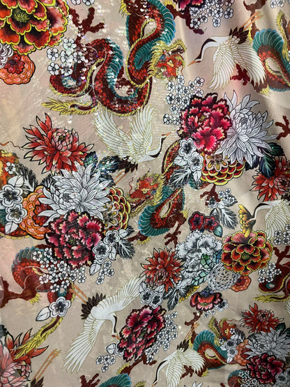 New Exotic Dragon design Nude/Multicolor print on power mesh 4-way stretch 58/60” Sold by the YD. Ships Worldwide from Los Angeles Californ