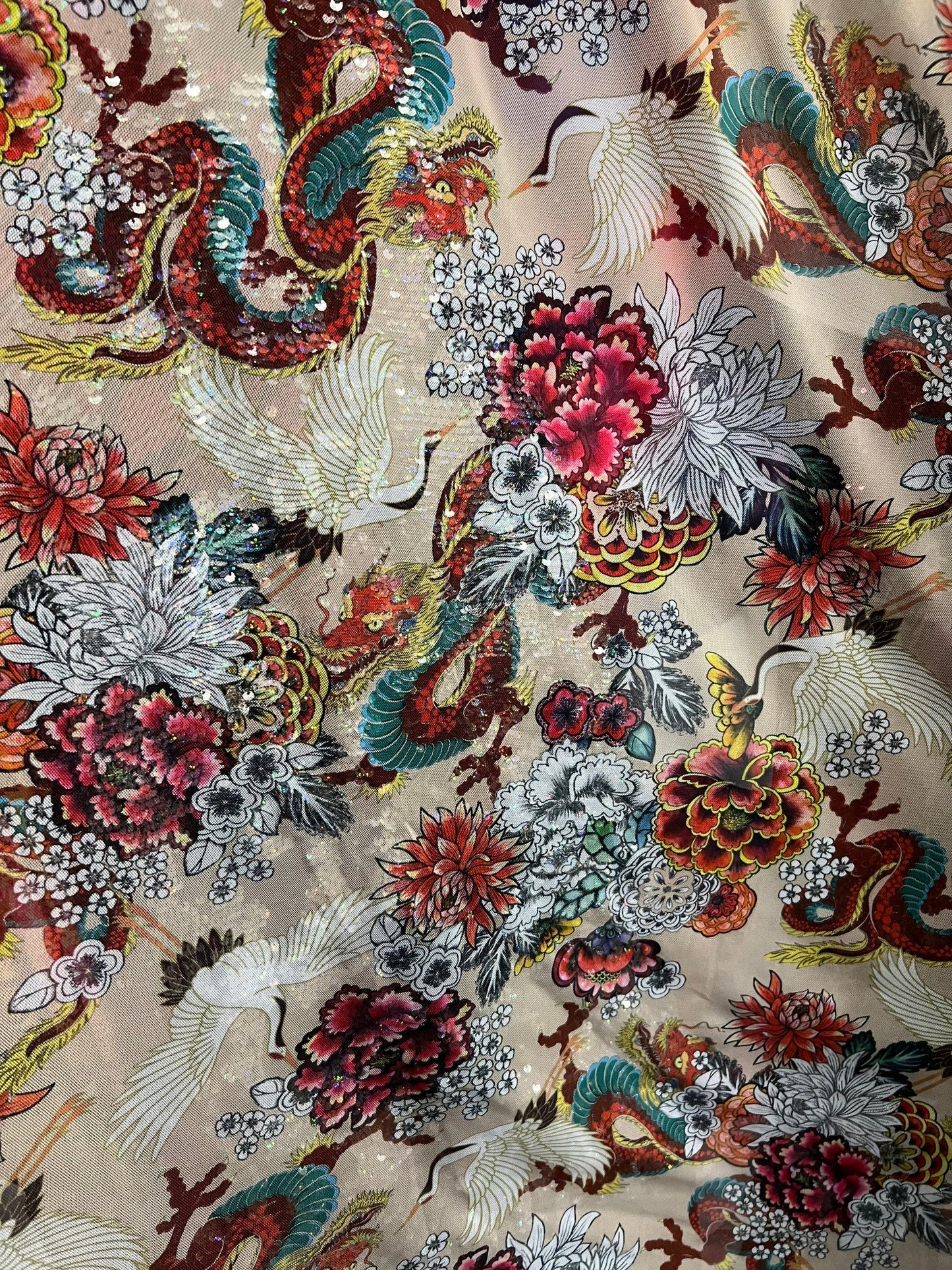 New Exotic Dragon design Nude/Multicolor print on power mesh 4-way stretch 58/60” Sold by the YD. Ships Worldwide from Los Angeles Californ