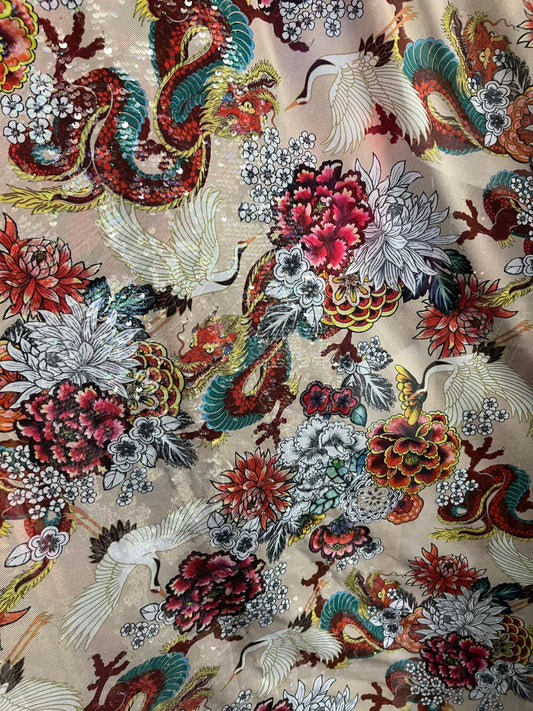 New Exotic Dragon design Nude/Multicolor print on power mesh 4-way stretch 58/60” Sold by the YD. Ships Worldwide from Los Angeles Californ