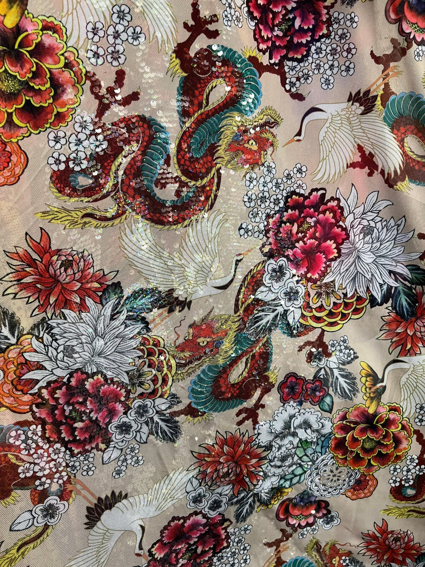 New Exotic Dragon design Nude/Multicolor print on power mesh 4-way stretch 58/60” Sold by the YD. Ships Worldwide from Los Angeles Californ
