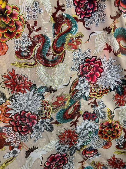 New Exotic Dragon design Nude/Multicolor print on power mesh 4-way stretch 58/60” Sold by the YD. Ships Worldwide from Los Angeles Californ