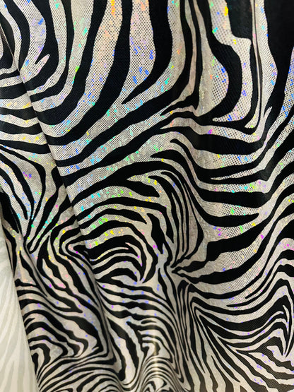 Zebra design exotic animal print on hologram metallic nylon spandex shattered glass 4-way stretch 58/60”