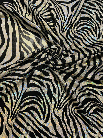 Zebra design exotic animal print on hologram metallic nylon spandex shattered glass 4-way stretch 58/60”