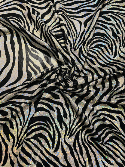 Zebra design exotic animal print on hologram metallic nylon spandex shattered glass 4-way stretch 58/60”