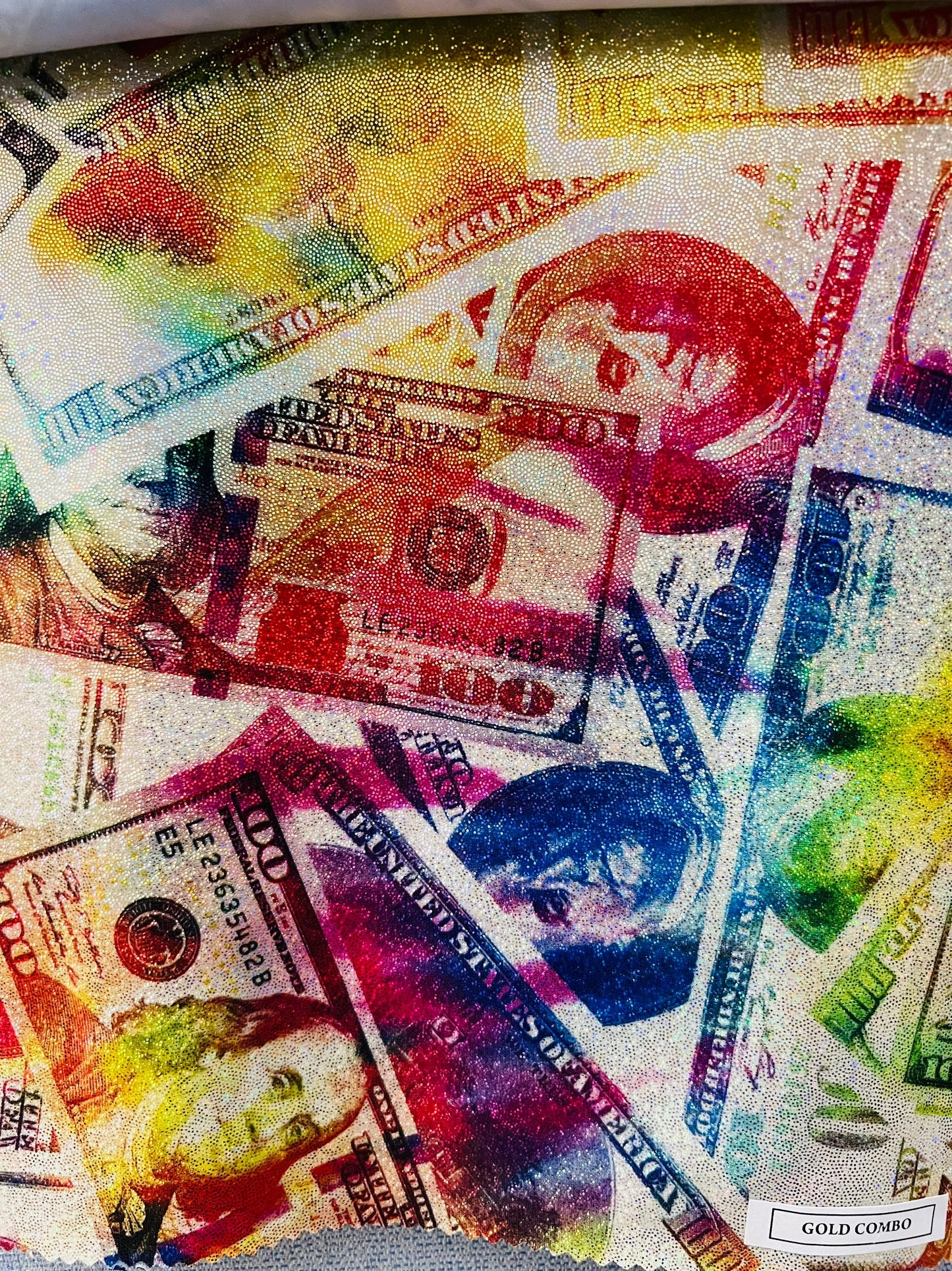 New Money 100 Dollar Bill design hologram tie dye metallic Nylon spandex digital print 4-way stretch 58/60” Sold by the YD. Ships worldwide