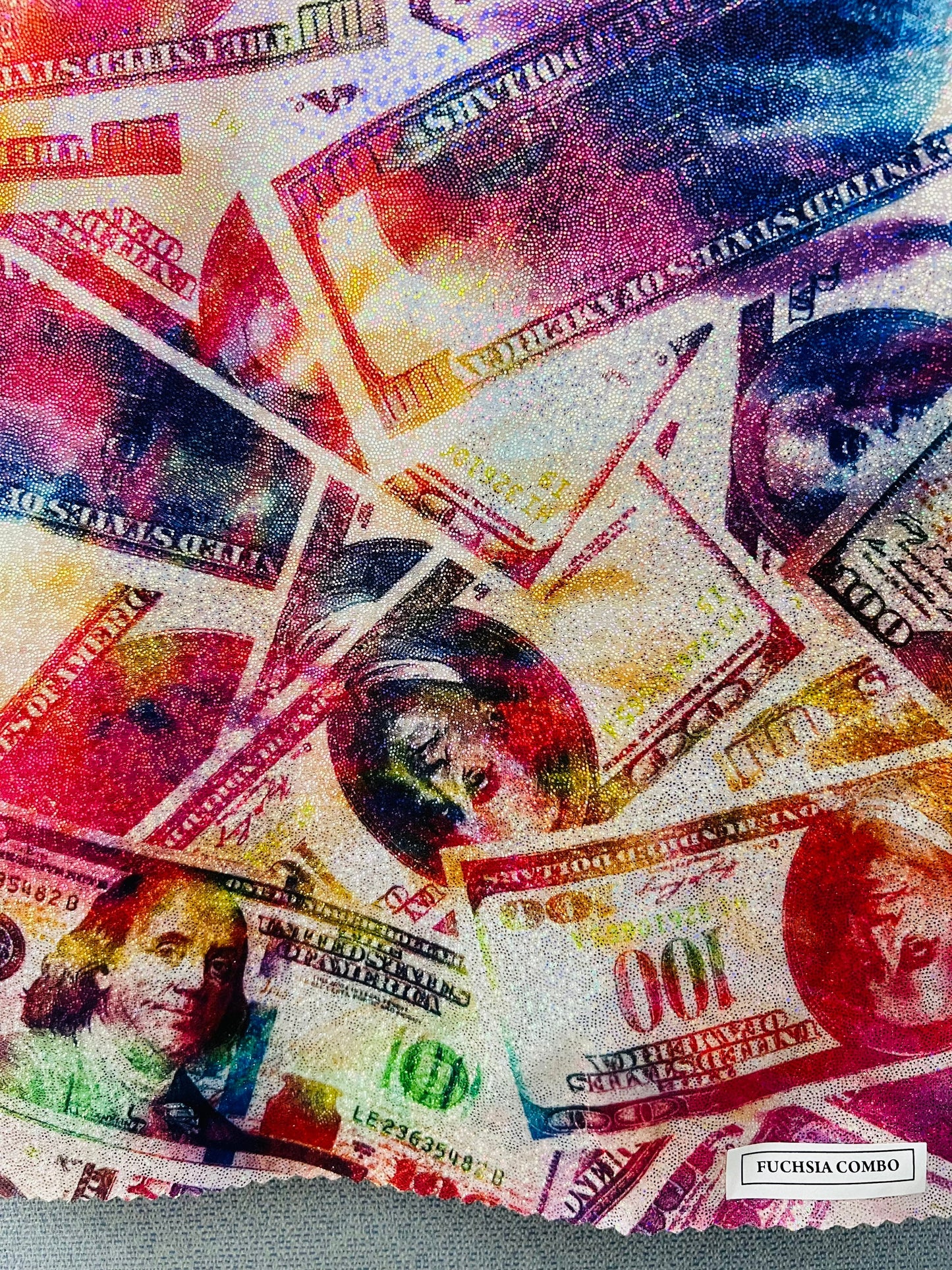 New Money 100 Dollar Bill design hologram tie dye metallic Nylon spandex digital print 4-way stretch 58/60” Sold by the YD. Ships worldwide
