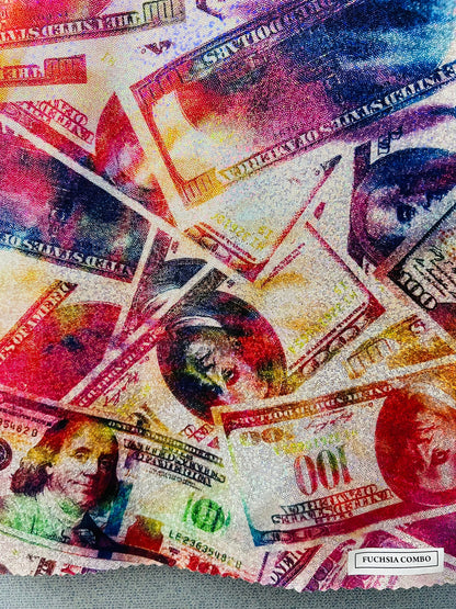 New Money 100 Dollar Bill design hologram tie dye metallic Nylon spandex digital print 4-way stretch 58/60” Sold by the YD. Ships worldwide