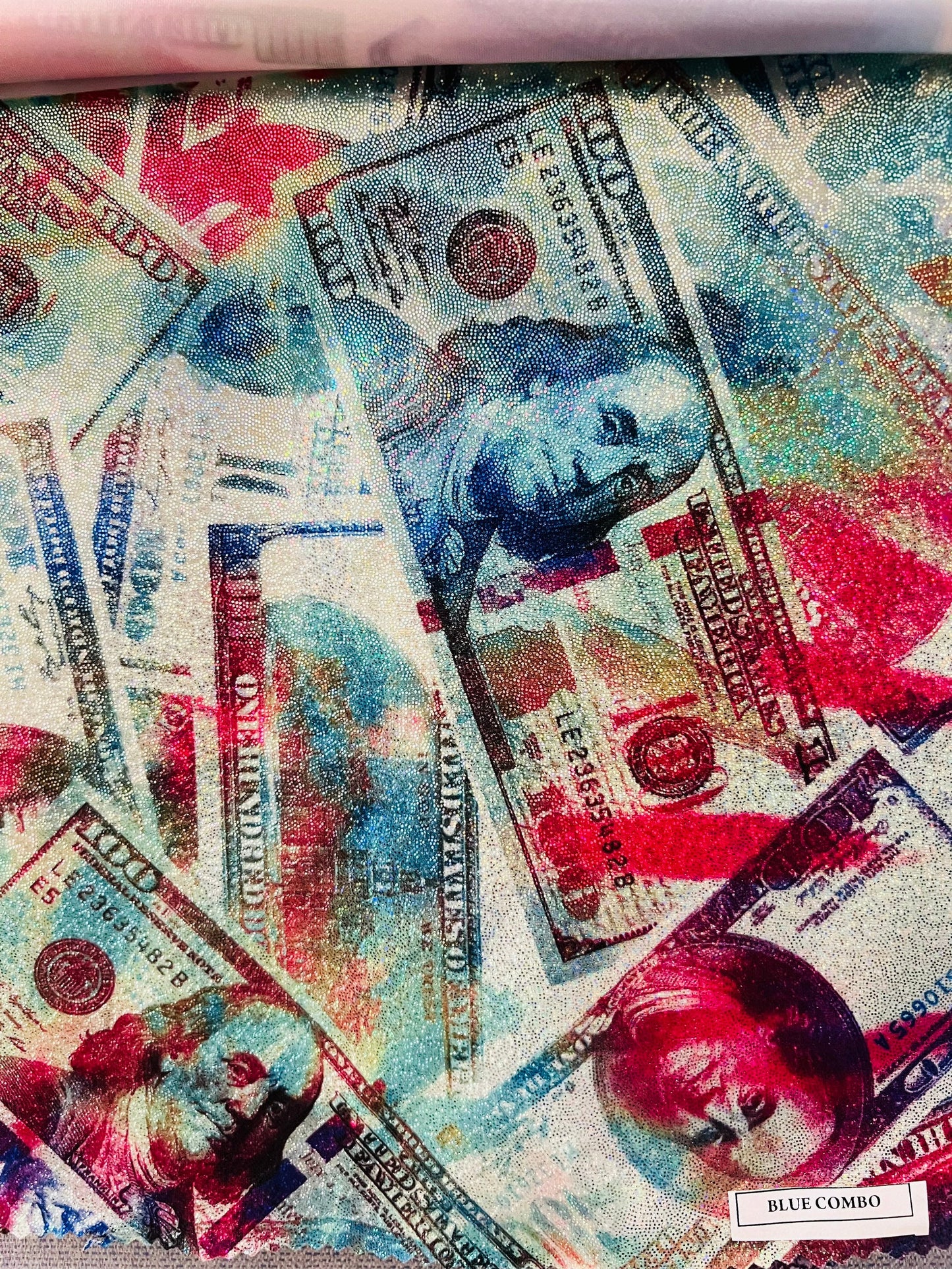 New Money 100 Dollar Bill design hologram tie dye metallic Nylon spandex digital print 4-way stretch 58/60” Sold by the YD. Ships worldwide