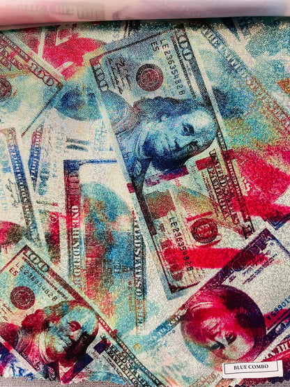 New Money 100 Dollar Bill design hologram tie dye metallic Nylon spandex digital print 4-way stretch 58/60” Sold by the YD. Ships worldwide