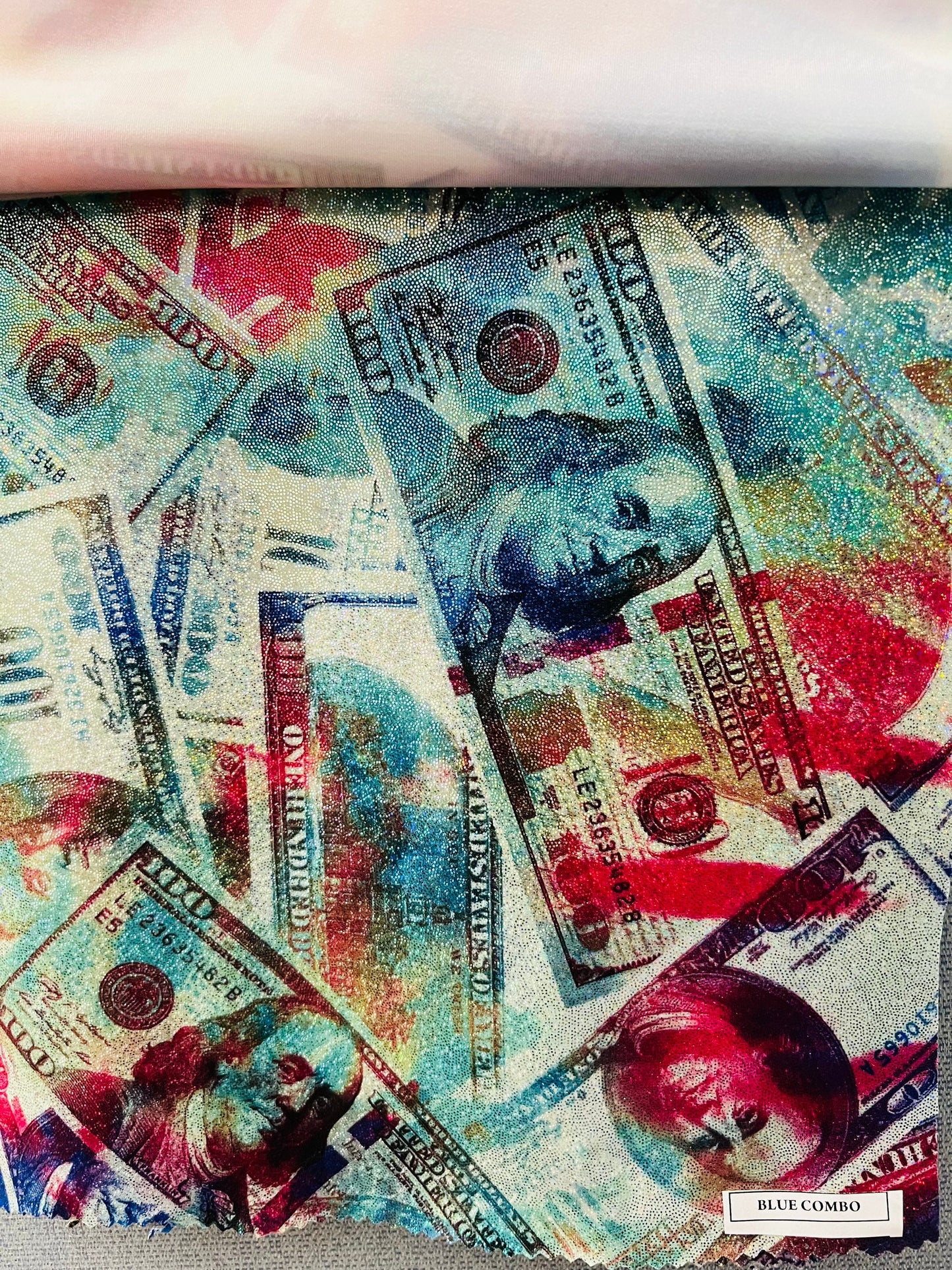 New Money 100 Dollar Bill design hologram tie dye metallic Nylon spandex digital print 4-way stretch 58/60” Sold by the YD. Ships worldwide