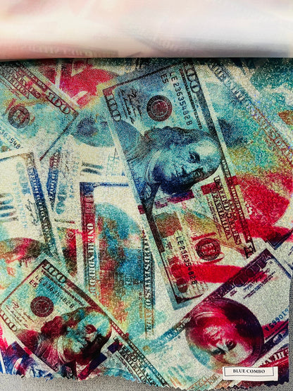 New Money 100 Dollar Bill design hologram tie dye metallic Nylon spandex digital print 4-way stretch 58/60” Sold by the YD. Ships worldwide