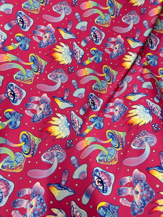 New Magic Mushrooms design print on great quality of nylon spandex 4-way stretch 58/60” Sold by the YD. Ships Worldwide from Los Angeles Cal