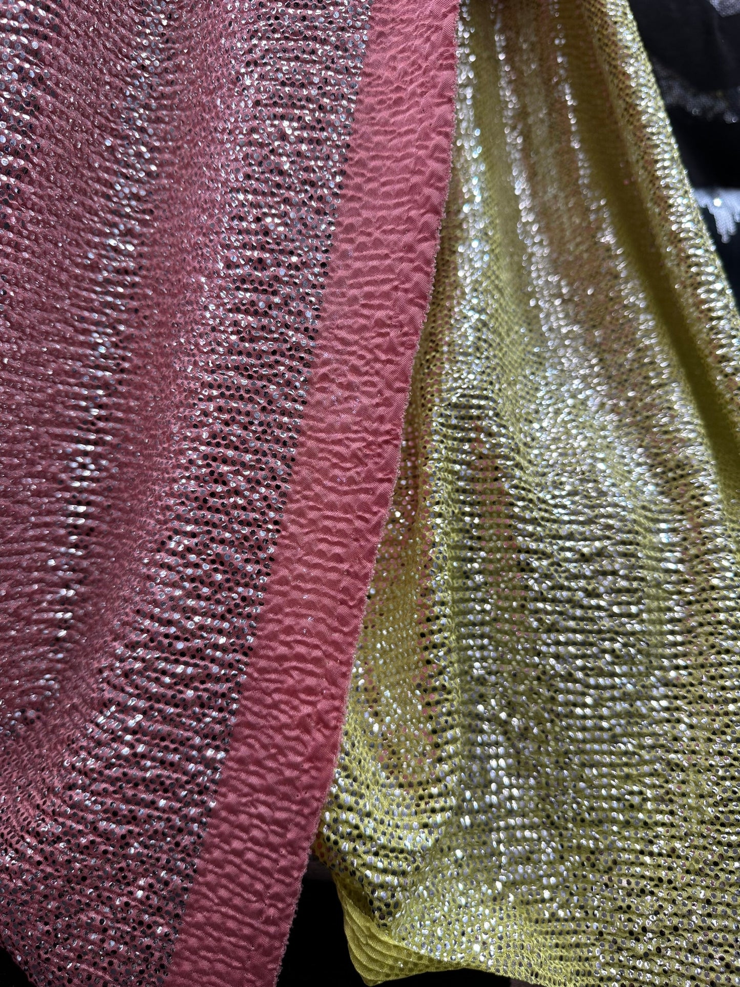 New crinkle metallic poly spandex 2-way stretch 58/60” Sold by the YD. Ships worldwide from Los Angeles California USA