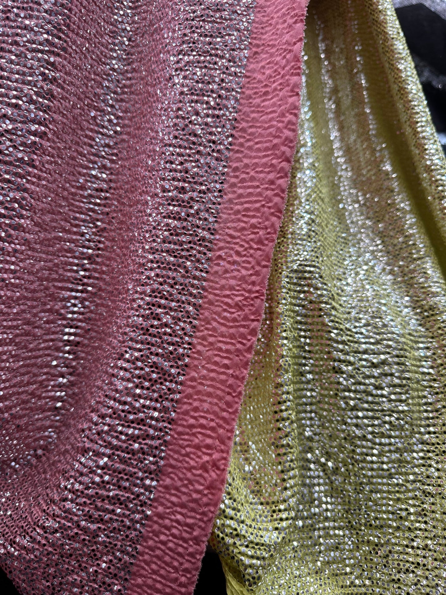 New crinkle metallic poly spandex 2-way stretch 58/60” Sold by the YD. Ships worldwide from Los Angeles California USA