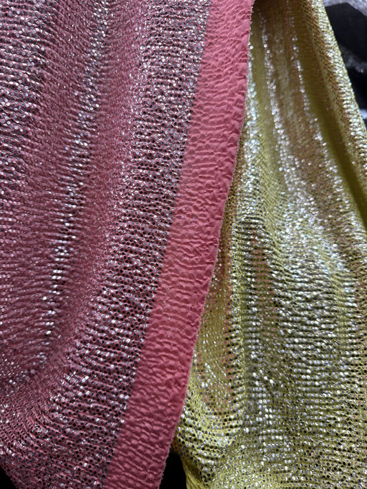 New crinkle metallic poly spandex 2-way stretch 58/60” Sold by the YD. Ships worldwide from Los Angeles California USA