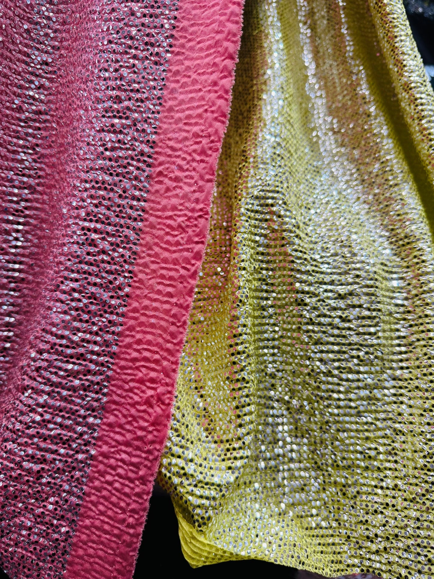 New crinkle metallic poly spandex 2-way stretch 58/60” Sold by the YD. Ships worldwide from Los Angeles California USA