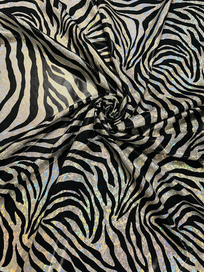 Zebra design exotic animal print on hologram metallic nylon spandex shattered glass 4-way stretch 58/60”