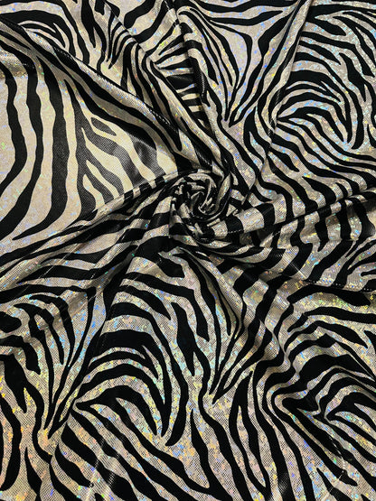 Zebra design exotic animal print on hologram metallic nylon spandex shattered glass 4-way stretch 58/60”