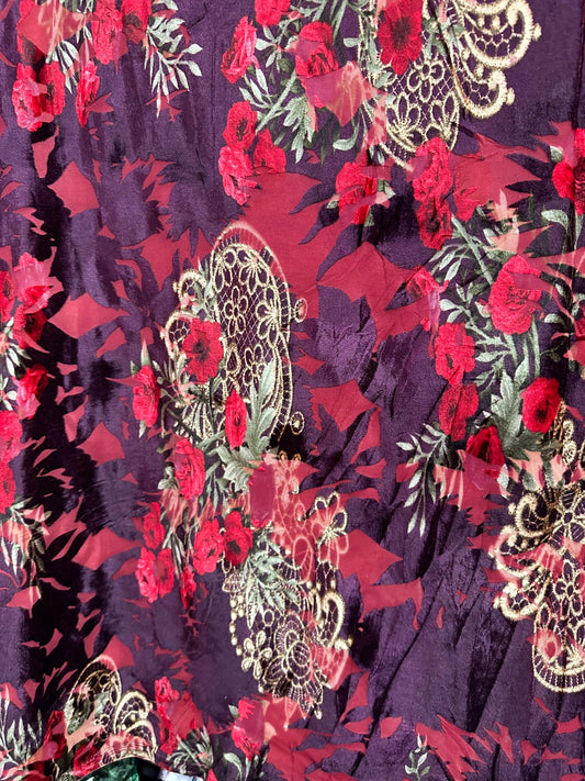 New Luxury burnout velvet Magenta/Multicolor Blend silk 4-way stretch 50/52” Sold by the YD. Ships Worldwide from Los Angeles California USA