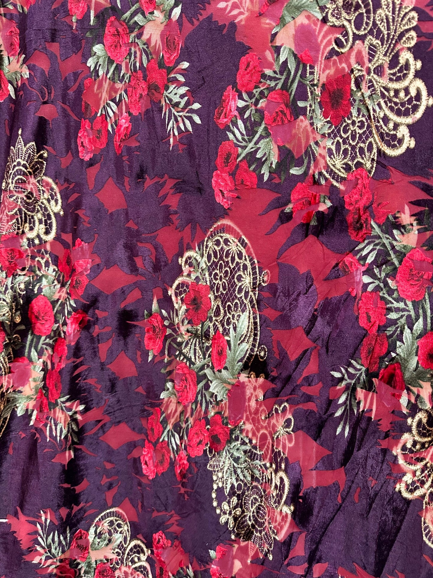 New Luxury burnout velvet Magenta/Multicolor Blend silk 4-way stretch 50/52” Sold by the YD. Ships Worldwide from Los Angeles California USA