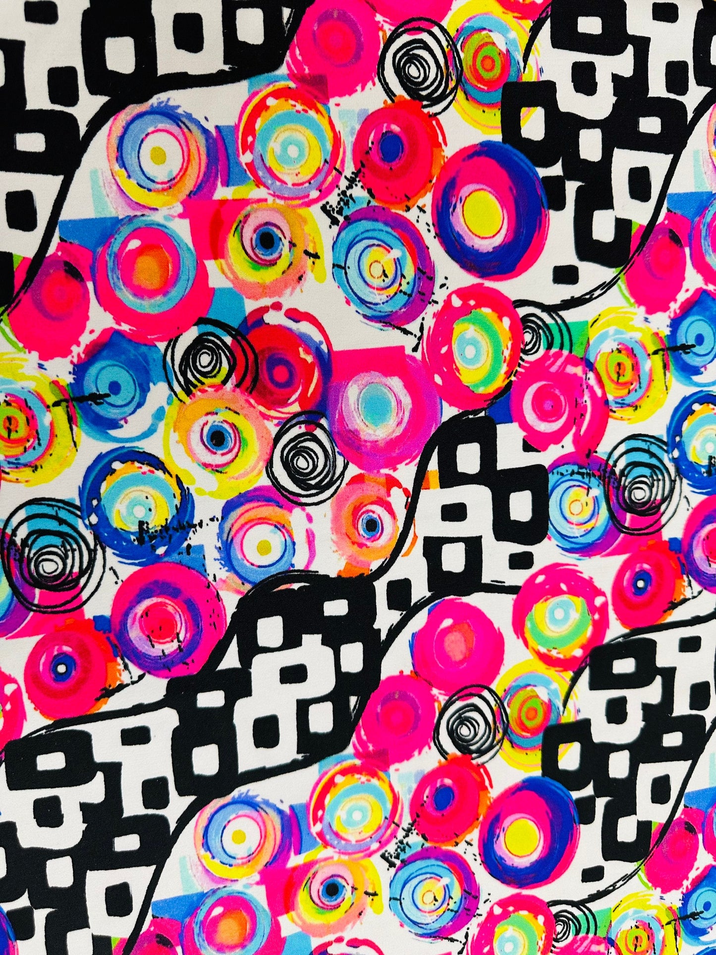 New Geometric abstract design multicolor print on best quality of nylon spandex 4-way stretch 58/60” Sold by the YD.