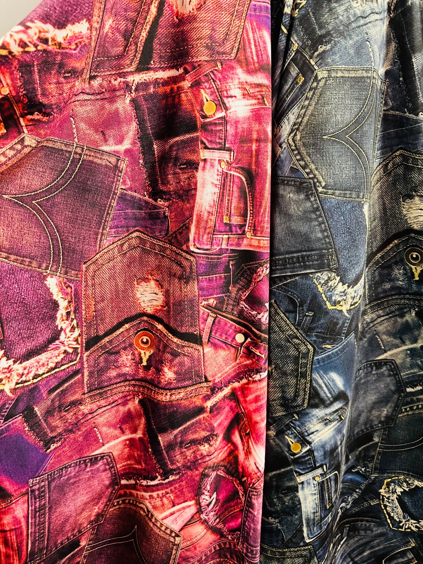 New jeans design print on great quality of nylon spandex 4way stretch 58/60” Sold by the YD. Ships worldwide feom Los Angeles California USA