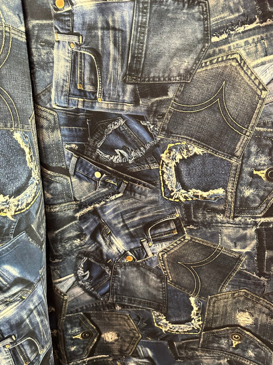 New jeans design print on great quality of nylon spandex 4way stretch 58/60” Sold by the YD. Ships worldwide feom Los Angeles California USA
