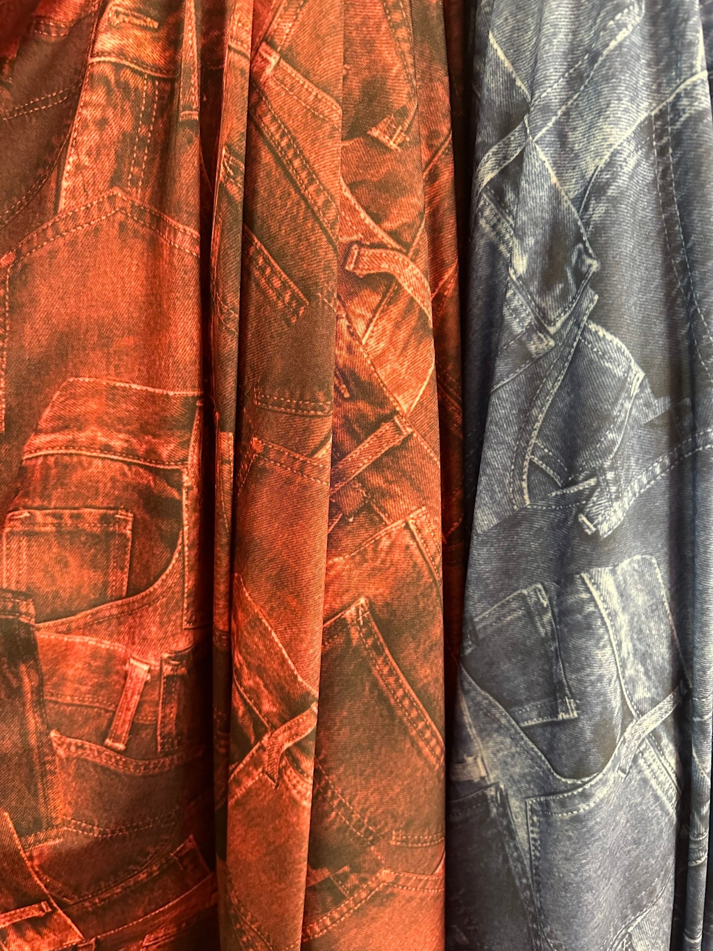 Jeans Pockets design print on nylon spandex 4way stretch medium weight 58/60” Sold by the YD. Ships worldwide feom Los Angeles California