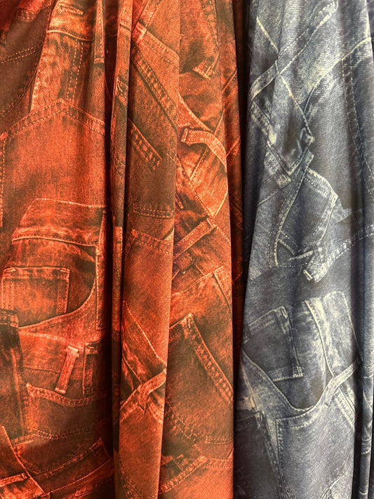 Jeans Pockets design print on nylon spandex 4way stretch medium weight 58/60” Sold by the YD. Ships worldwide feom Los Angeles California