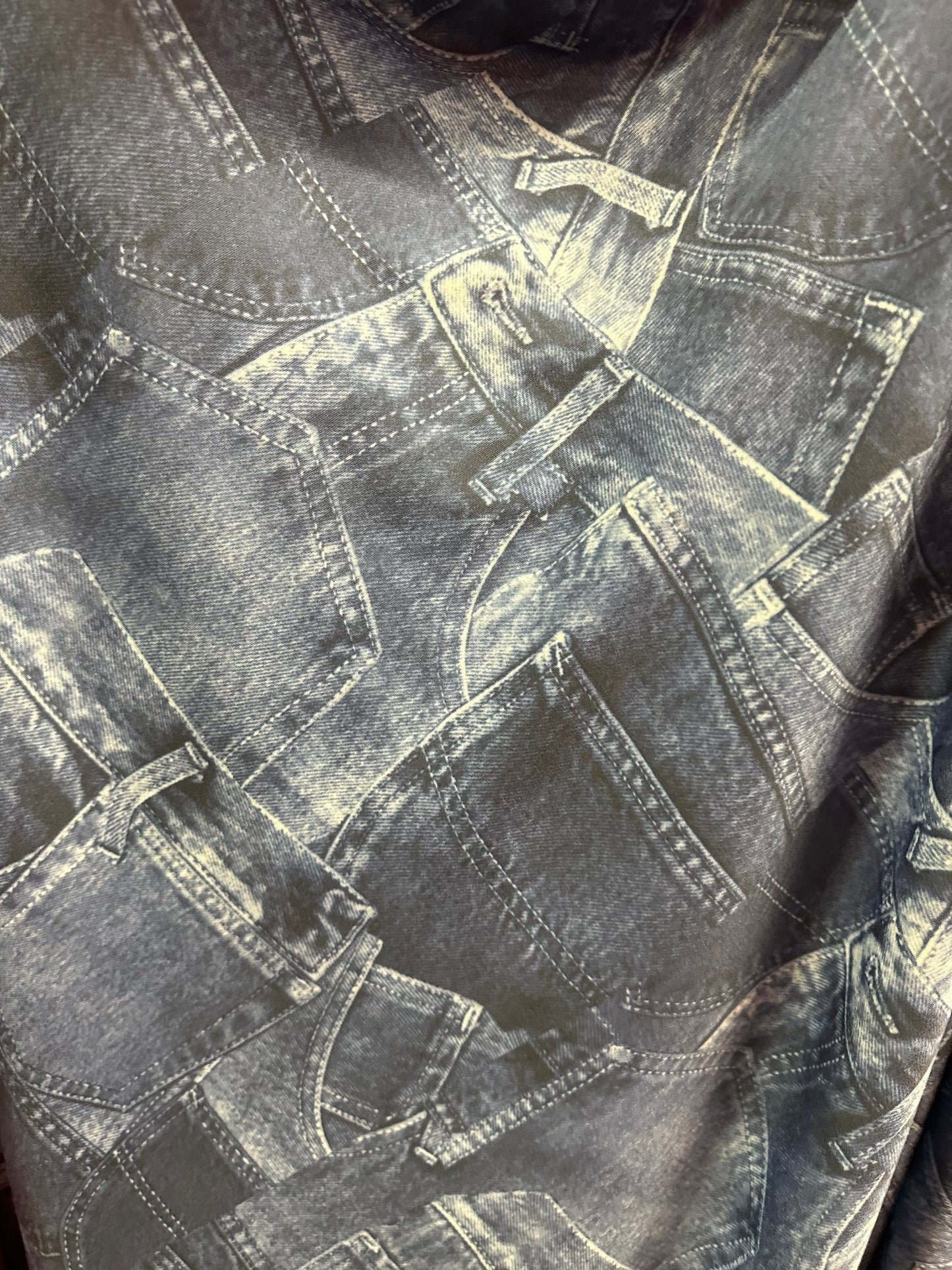 Jeans Pockets design print on nylon spandex 4way stretch medium weight 58/60” Sold by the YD. Ships worldwide feom Los Angeles California