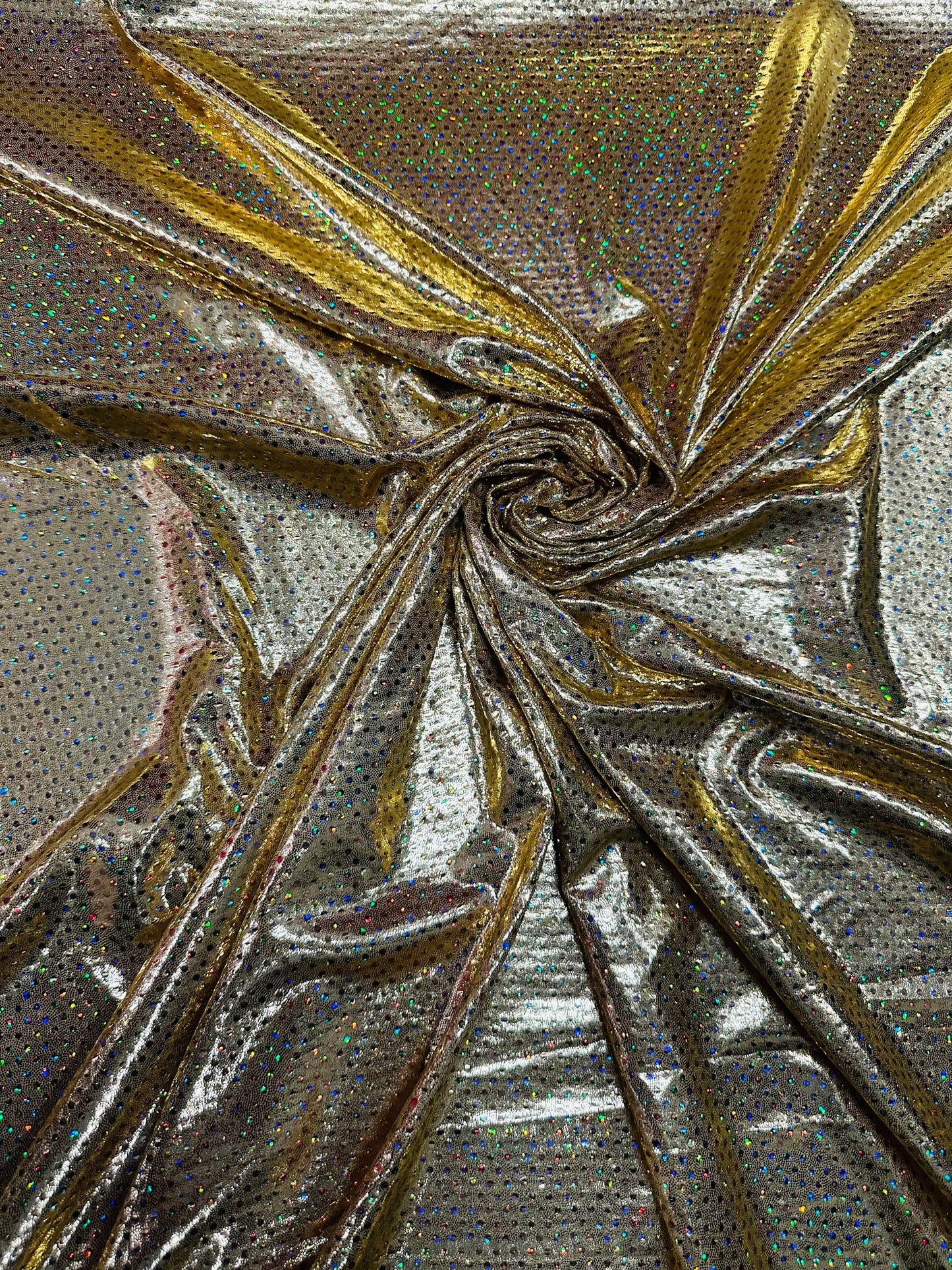 Hologram foggy foil with hologram mini sequins all over super shiny Metallic nylon spandex 4-way stretch 58/60” Sold by the YD.