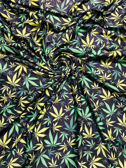 Marihuana leaf design Green/Yellow print on great quality of nylon spandex 4-way stretch 58/60” Sold by the YD. Ships worldwide from L.A