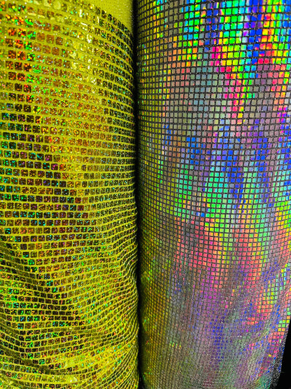 New Geometric sequins design spectrum black/silver and hologram yellow/green metallic fabric 2 way stretch 58/60” Sold by the YD.