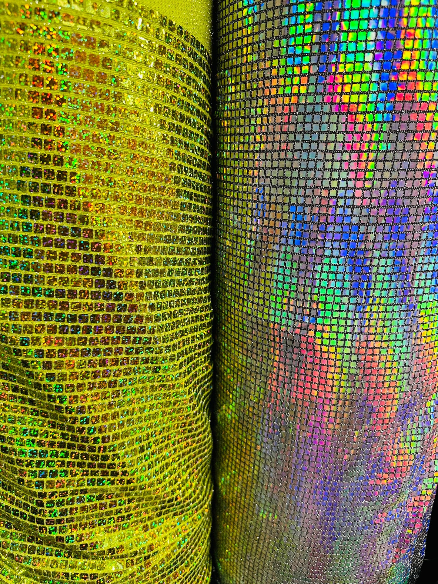 New Geometric sequins design spectrum black/silver and hologram yellow/green metallic fabric 2 way stretch 58/60” Sold by the YD.