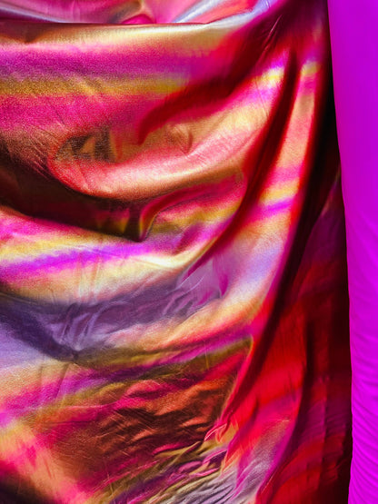 Pink Rainbow design metallic lame best quality of nylon spandex with all over foil 4-way stretch 58/60” Sold by the YD. Ships worldwide