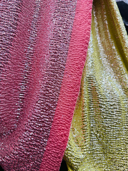 New crinkle metallic poly spandex 2-way stretch 58/60” Sold by the YD. Ships worldwide from Los Angeles California USA
