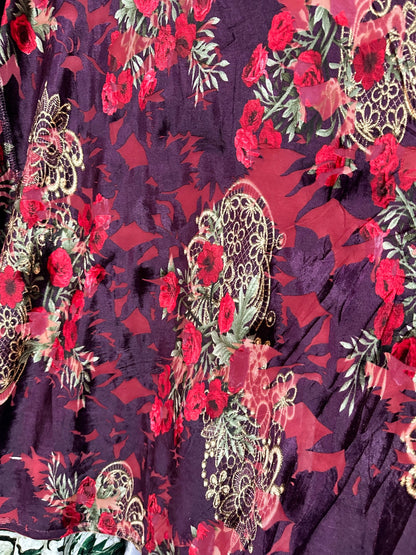 New Luxury burnout velvet Magenta/Multicolor Blend silk 4-way stretch 50/52” Sold by the YD. Ships Worldwide from Los Angeles California USA