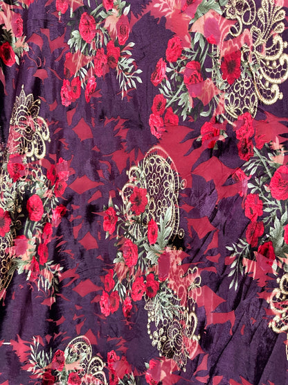 New Luxury burnout velvet Magenta/Multicolor Blend silk 4-way stretch 50/52” Sold by the YD. Ships Worldwide from Los Angeles California USA