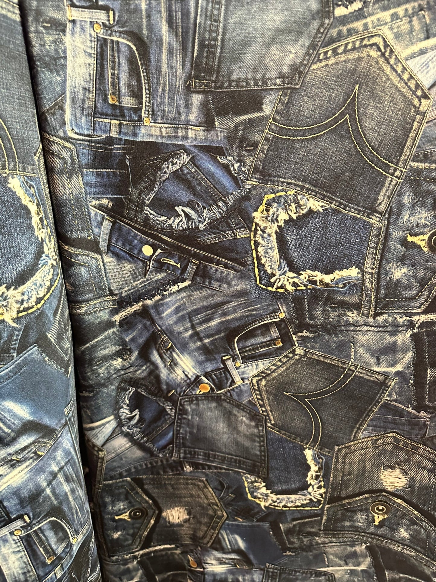 New jeans design print on great quality of nylon spandex 4way stretch 58/60” Sold by the YD. Ships worldwide feom Los Angeles California USA
