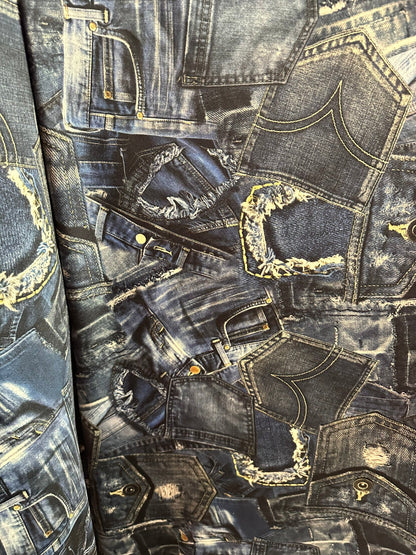 New jeans design print on great quality of nylon spandex 4way stretch 58/60” Sold by the YD. Ships worldwide feom Los Angeles California USA