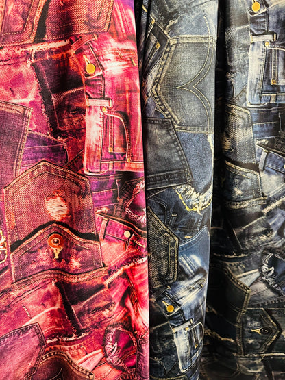 New jeans design print on great quality of nylon spandex 4way stretch 58/60” Sold by the YD. Ships worldwide feom Los Angeles California USA