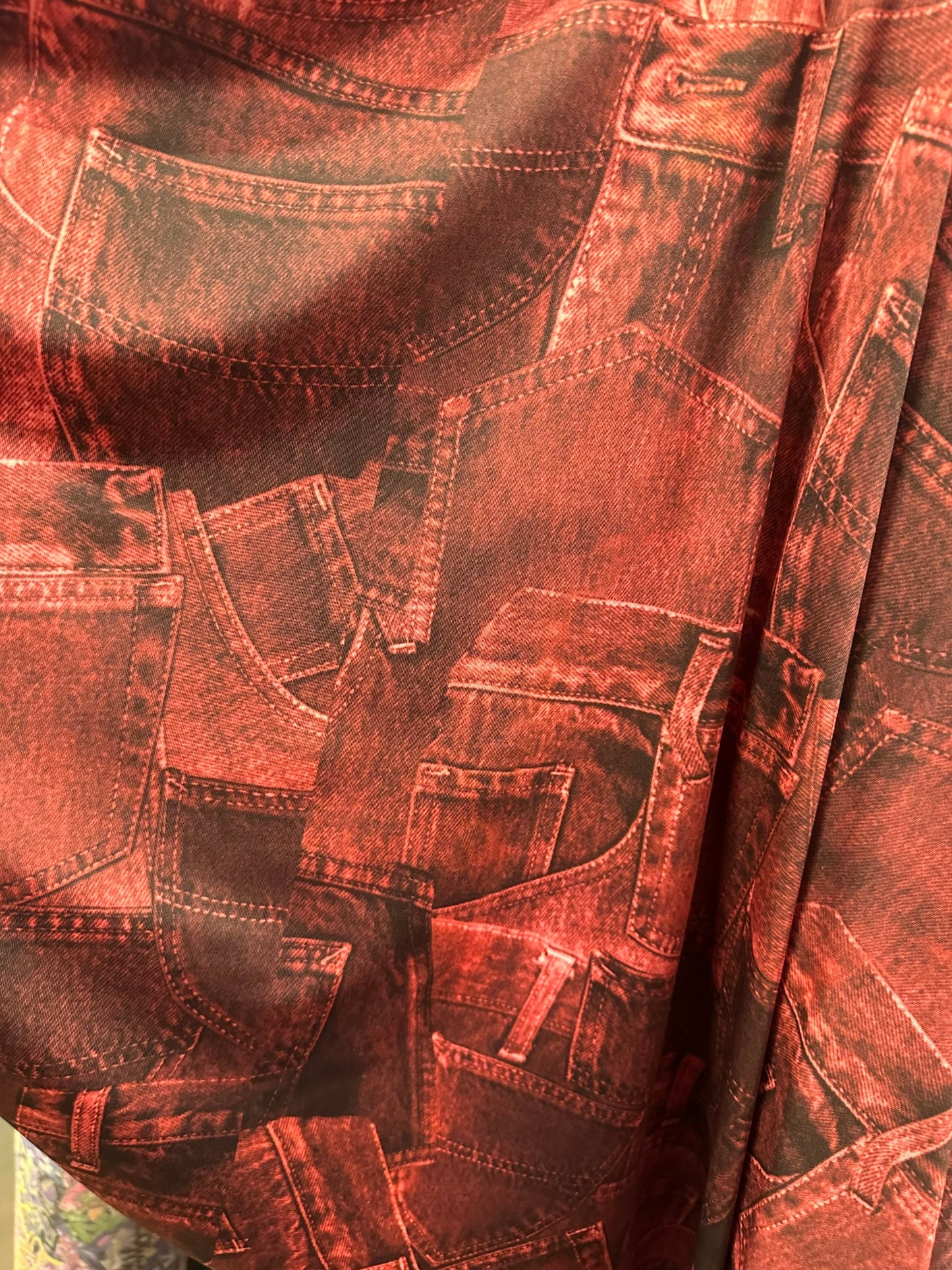 Jeans Pockets design print on nylon spandex 4way stretch medium weight 58/60” Sold by the YD. Ships worldwide feom Los Angeles California