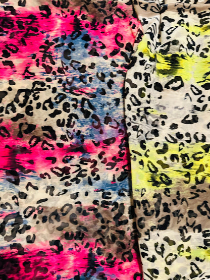 New exotic leopard design it glows in the dark with a black light print on great quality of power mesh spandex 4-way stretch 58/60”