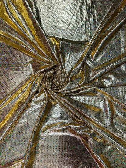 Hologram foggy foil with hologram mini sequins all over super shiny Metallic nylon spandex 4-way stretch 58/60” Sold by the YD.